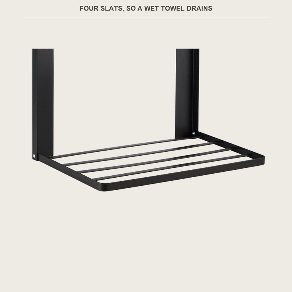 Close-up of the steel slats and hinge on the folding shelf