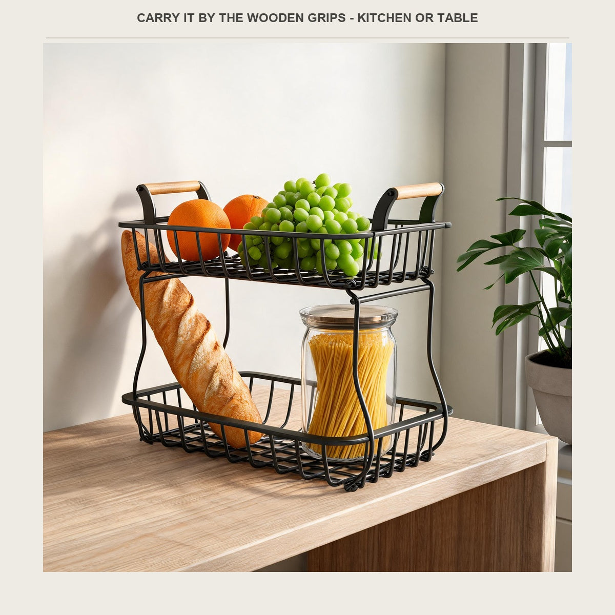 The rack on a dining sideboard holding bread, pasta, oranges and grapes