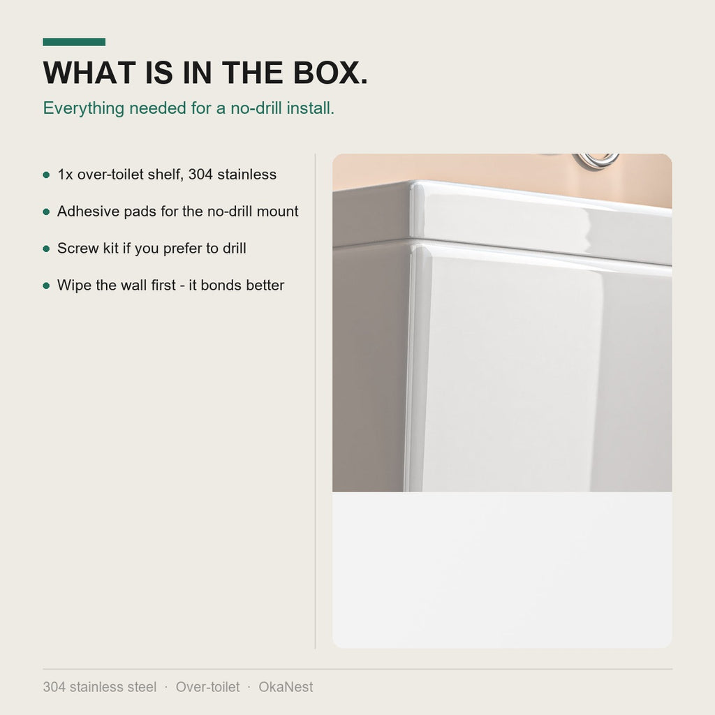 What is in the box: shelf, adhesive pads, screw kit