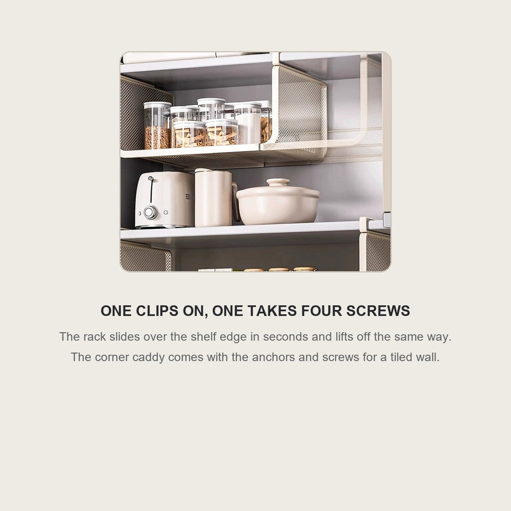 The hanging rack clipped under a cabinet shelf and loaded with jars