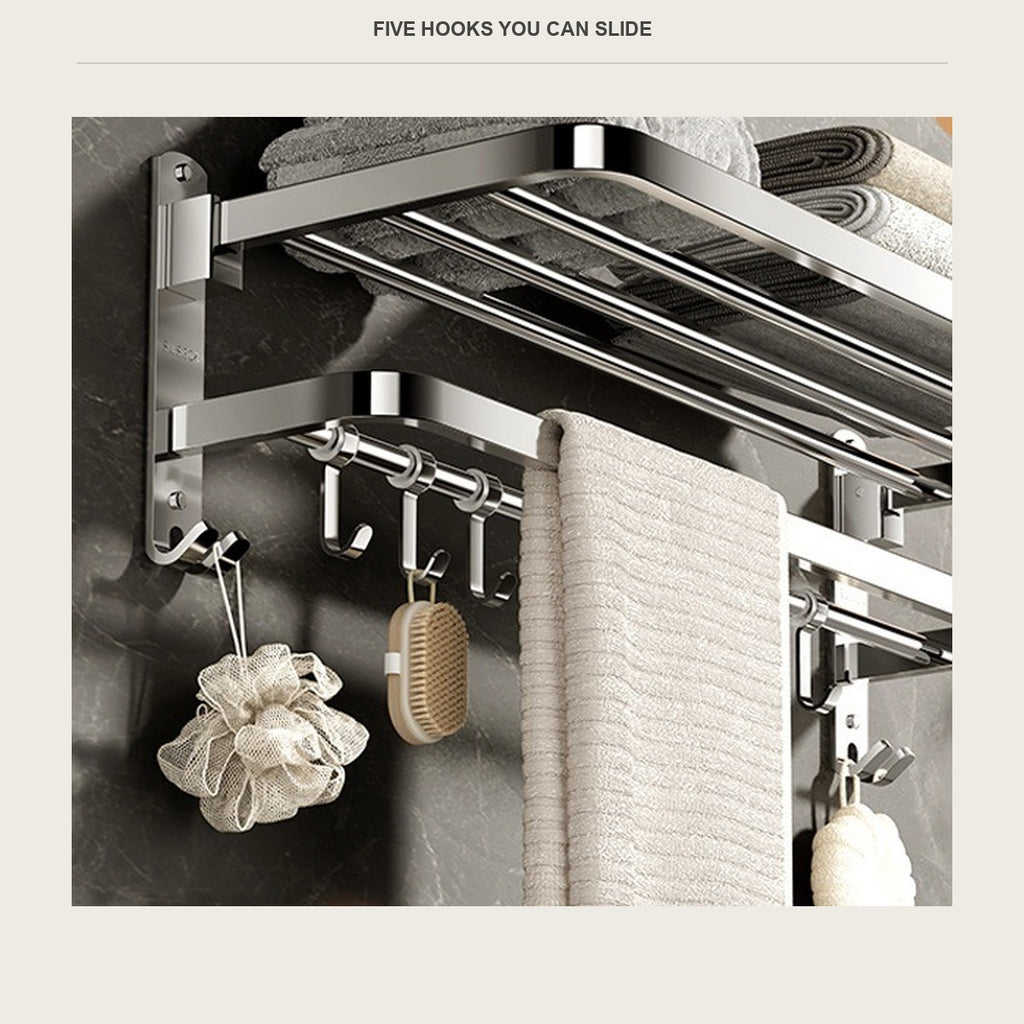 The five movable hooks on the rail under the towel shelf