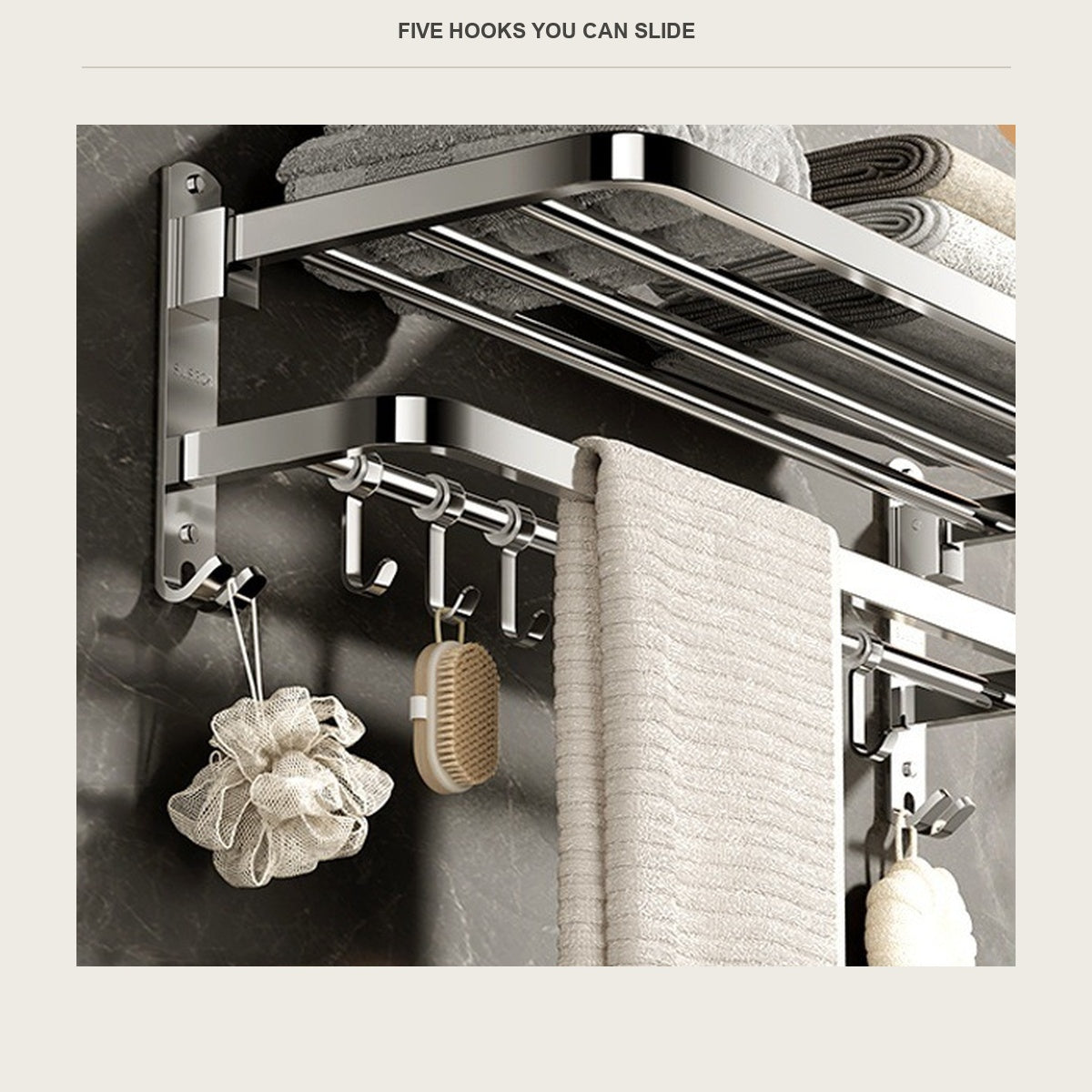 The five movable hooks on the rail under the towel shelf