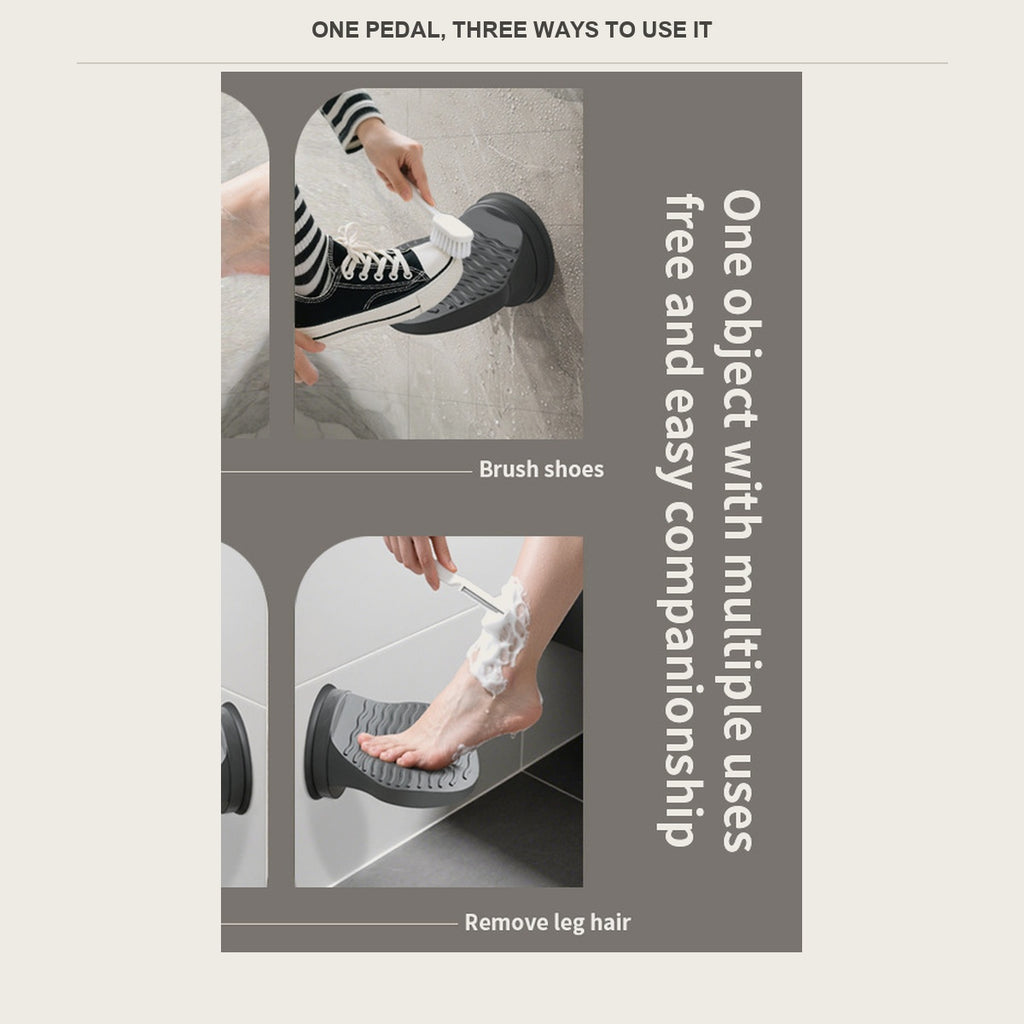 Three ways to use the shower foot rest: shaving, washing feet, brushing shoes