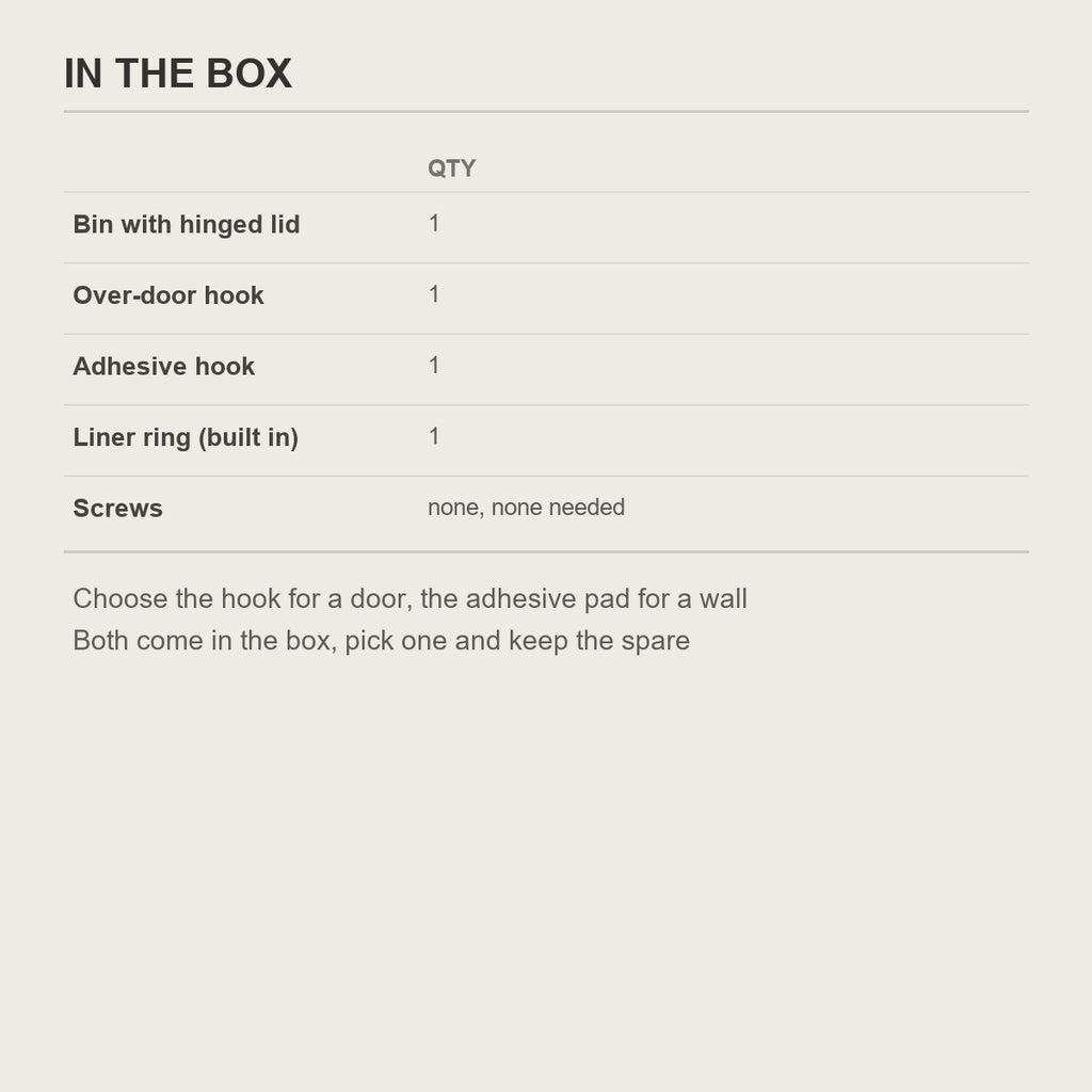What comes in the box - bin, over-door hook and adhesive hook
