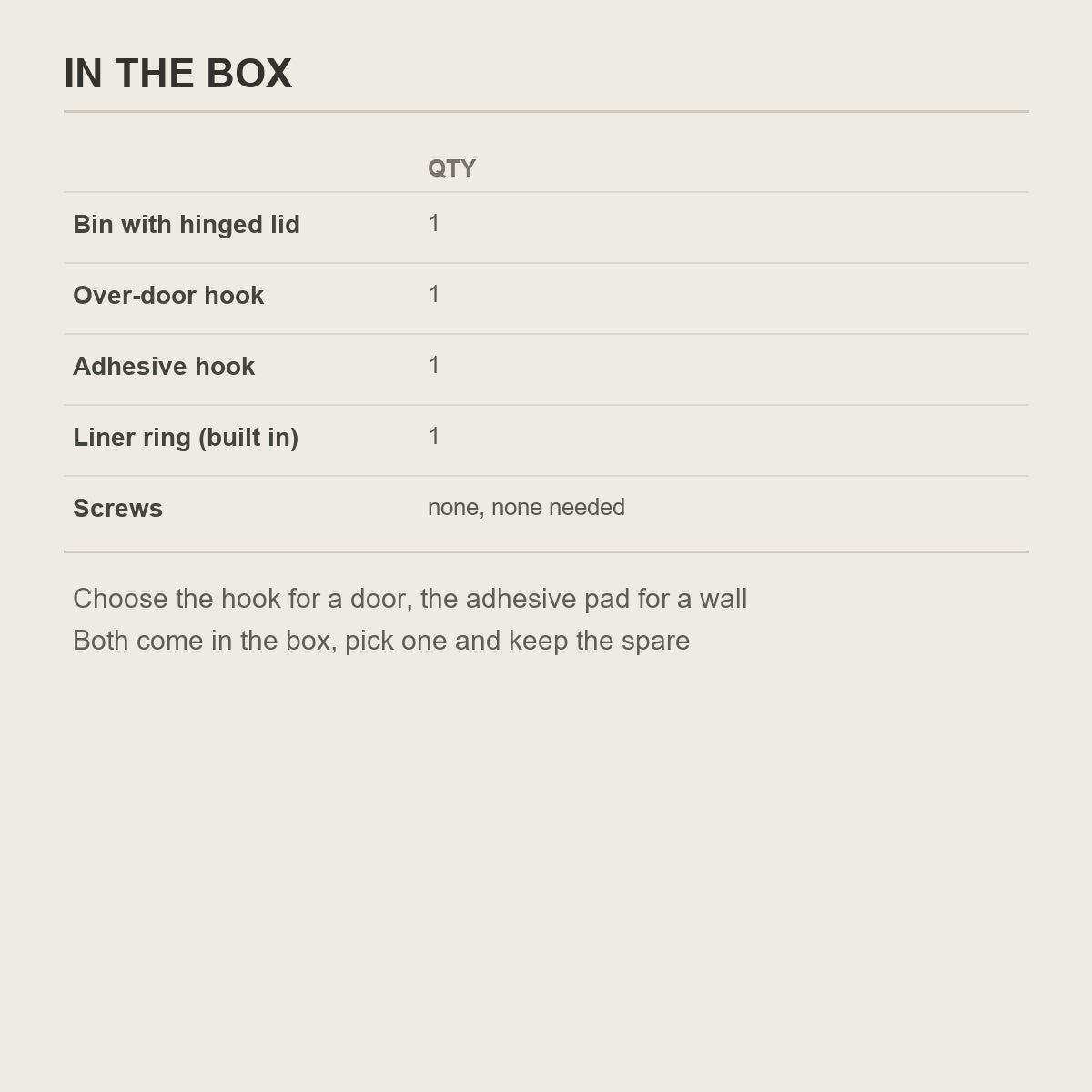 What comes in the box - bin, over-door hook and adhesive hook