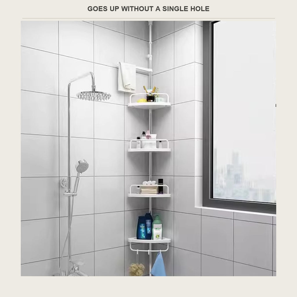 Tension pole shower shelf in a corner next to a window, no holes in the tile