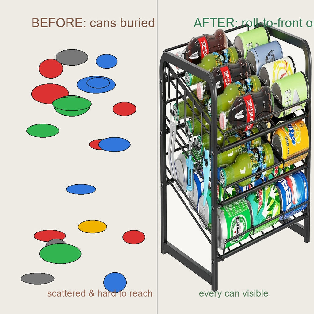 Before messy pantry cans vs after organized rolling can rack