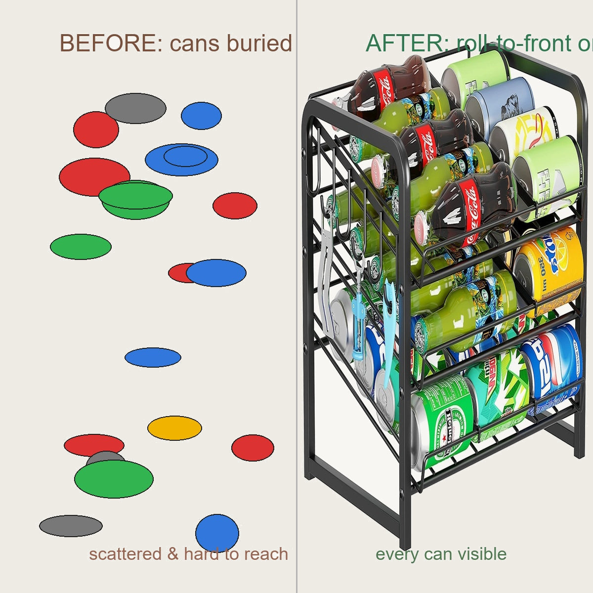 Before messy pantry cans vs after organized rolling can rack