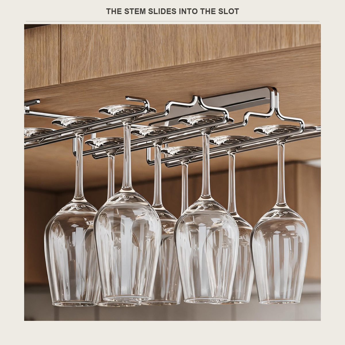 Stem sliding into the slot of the wine glass rack