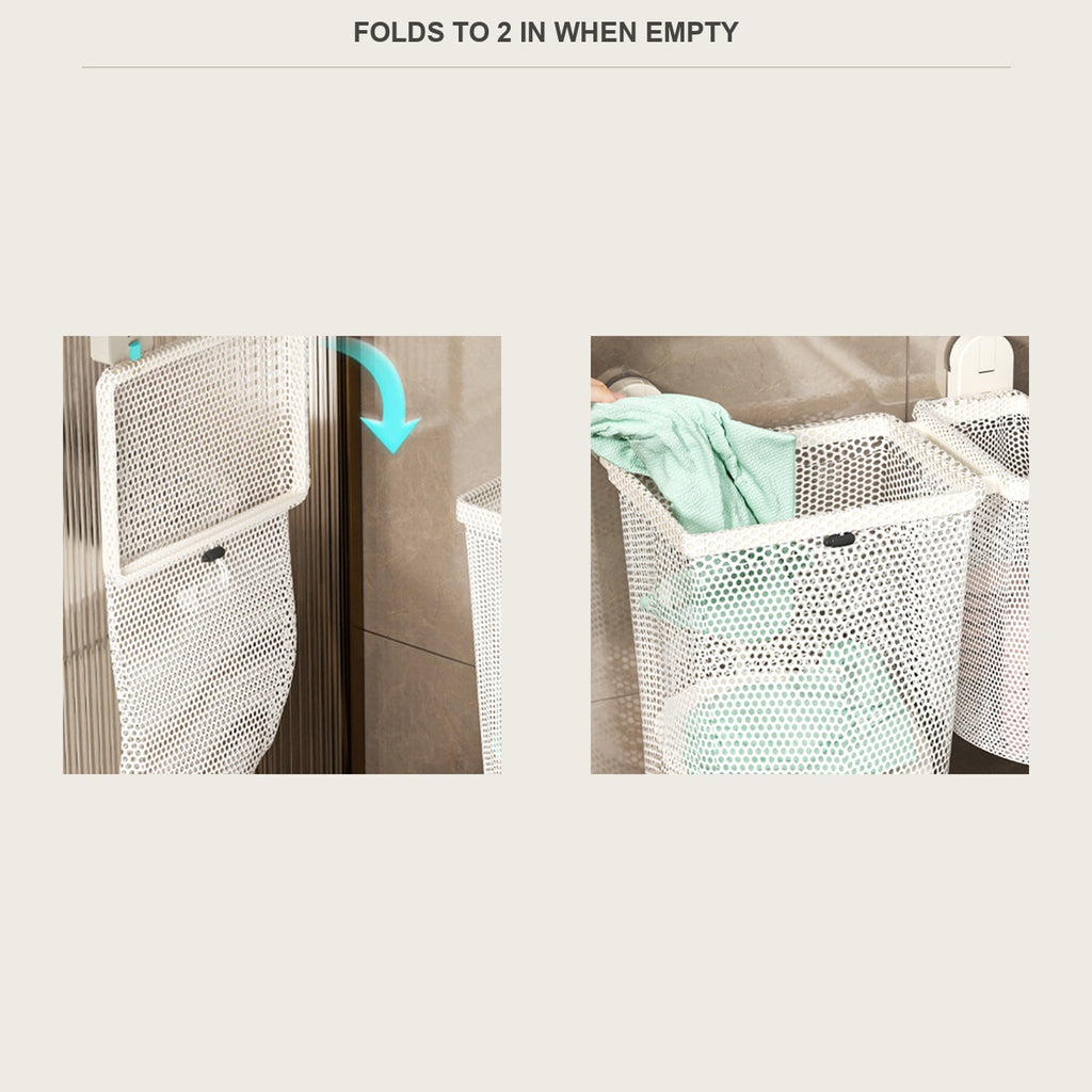 The hamper folded flat when empty, and holding laundry when full
