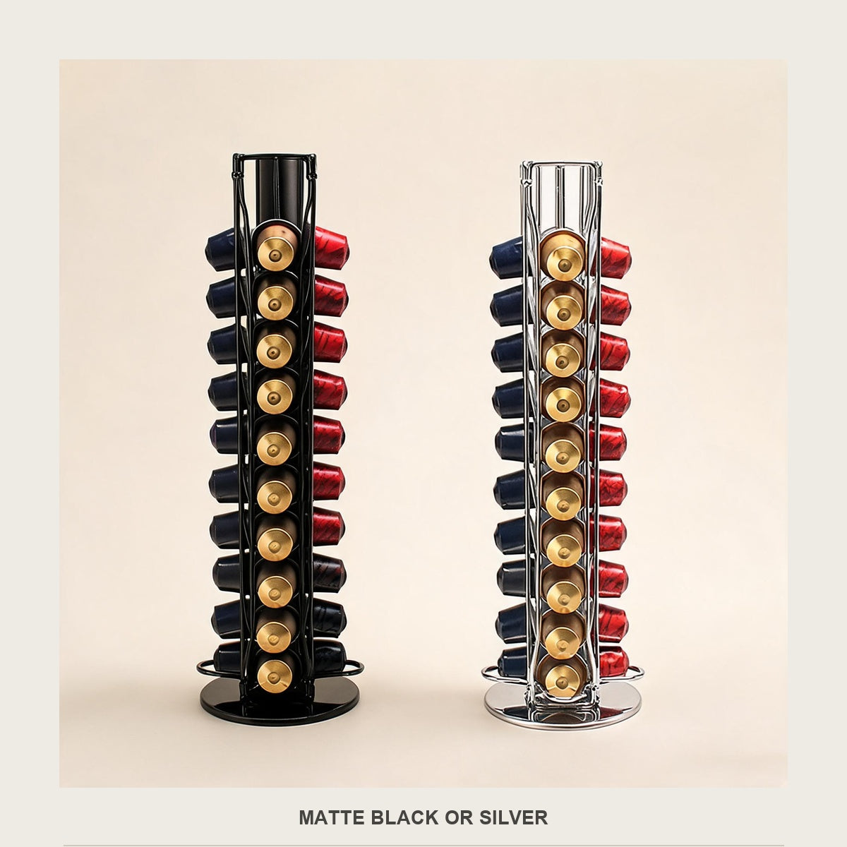 Two capsule towers side by side, one matte black and one silver, both loaded