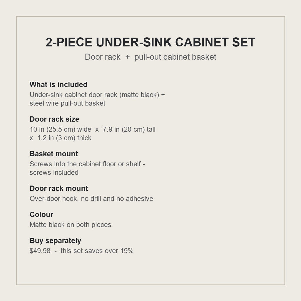 2-piece under-sink cabinet set specification card - sizes, mounts and what is included