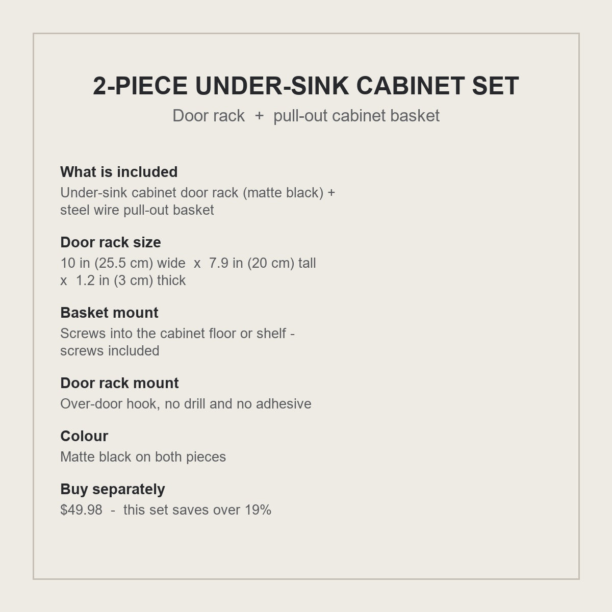 2-piece under-sink cabinet set specification card - sizes, mounts and what is included