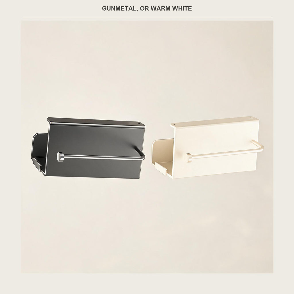 Two paper holders side by side, one gunmetal gray and one warm white, both empty