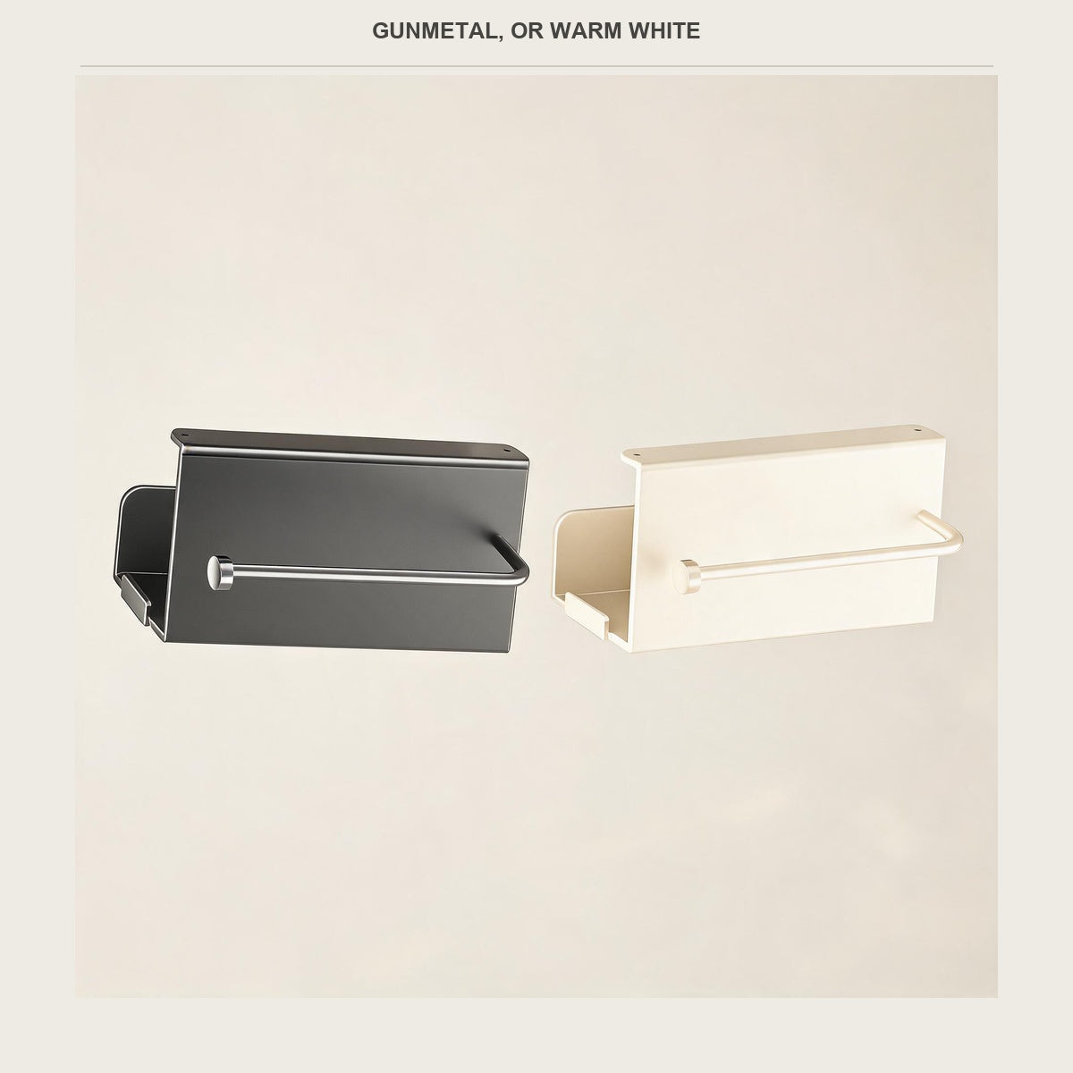 Two paper holders side by side, one gunmetal gray and one warm white, both empty