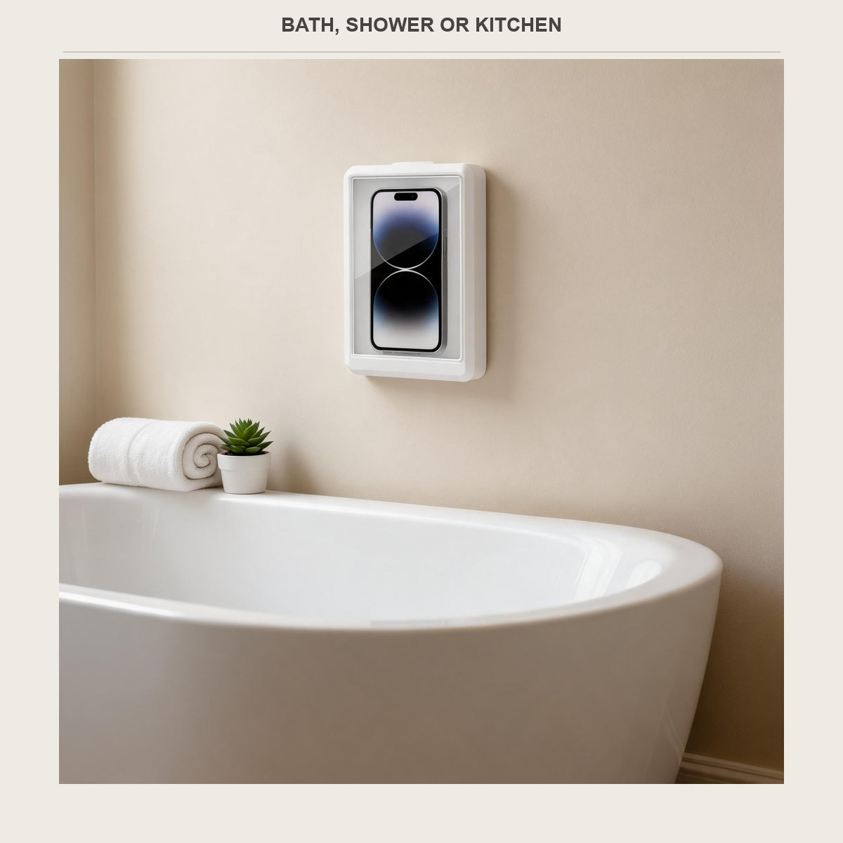 Phone box mounted on a bathroom wall above a bathtub