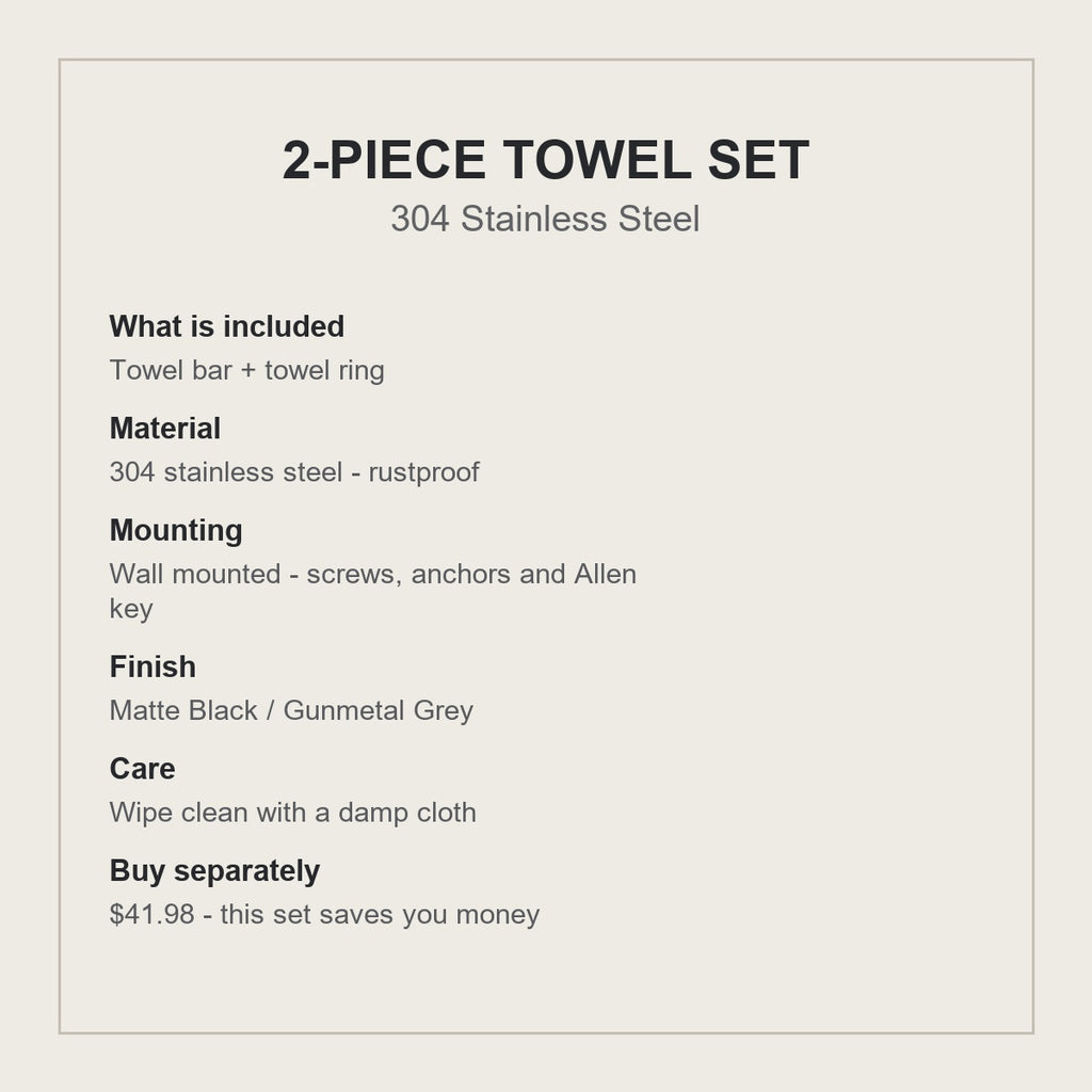 2-Piece Bathroom Towel Set, 304 Stainless Bar & Ring