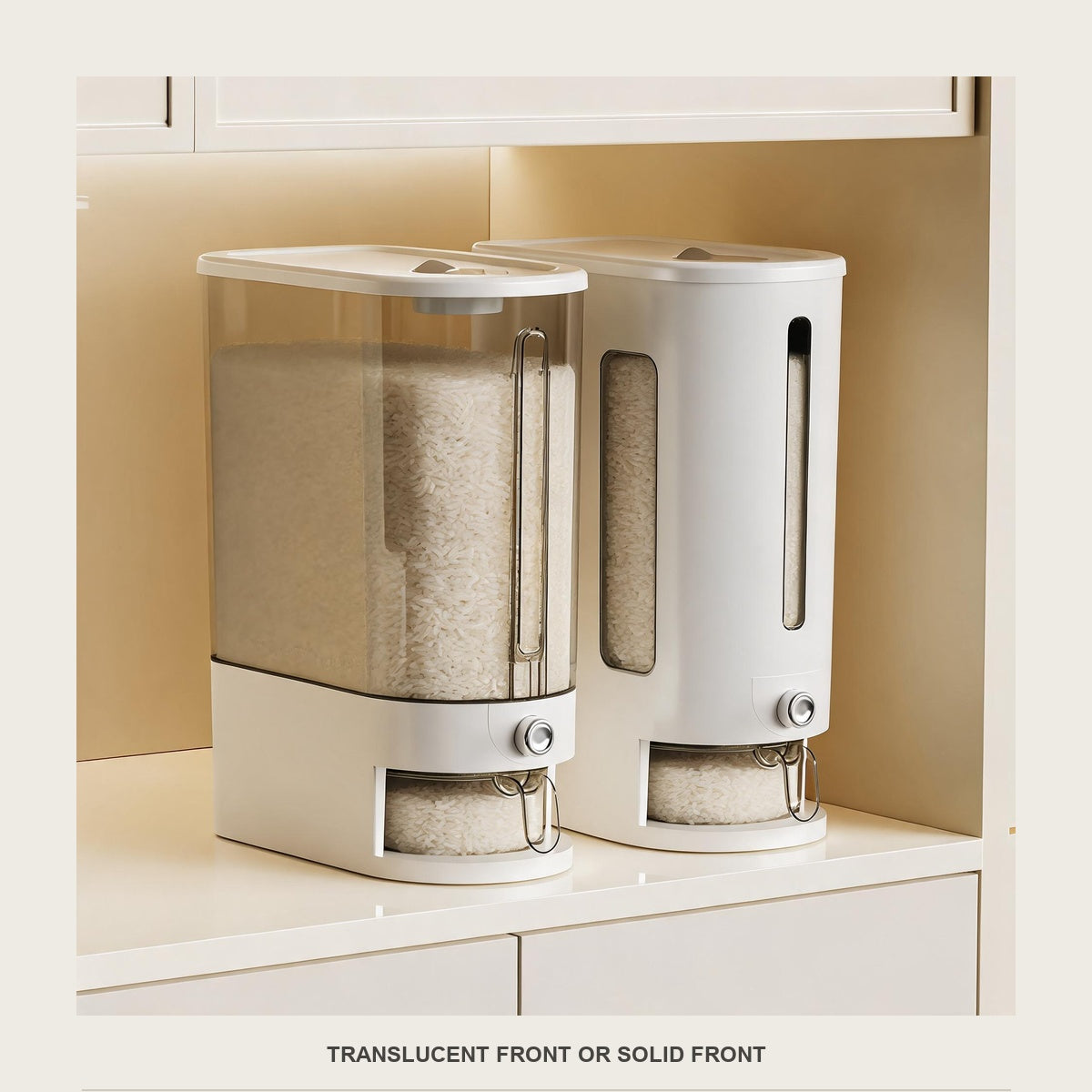 Two rice dispensers side by side, one with a translucent front and one with a solid front