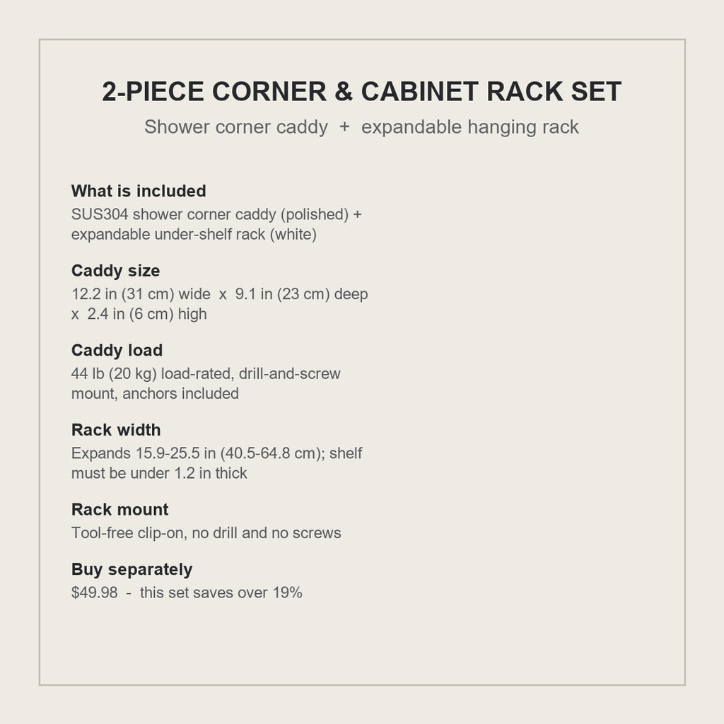 2-piece corner and cabinet rack set specification card - sizes, mounts and what is included