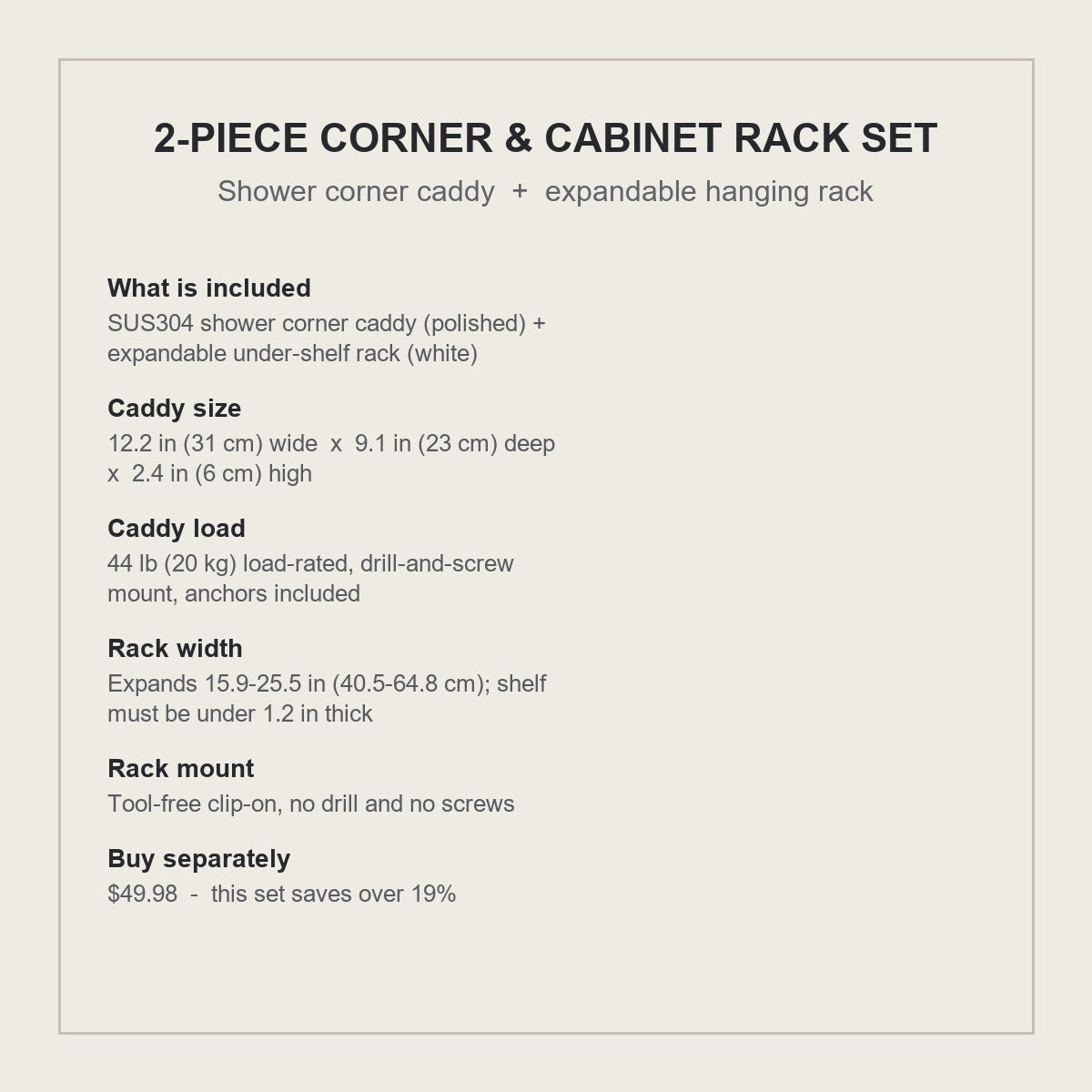 2-piece corner and cabinet rack set specification card - sizes, mounts and what is included