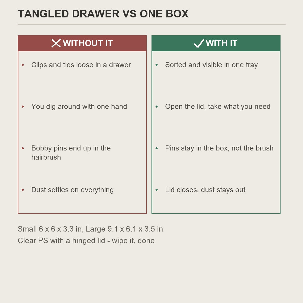 A tangled drawer compared with one sorted clear box