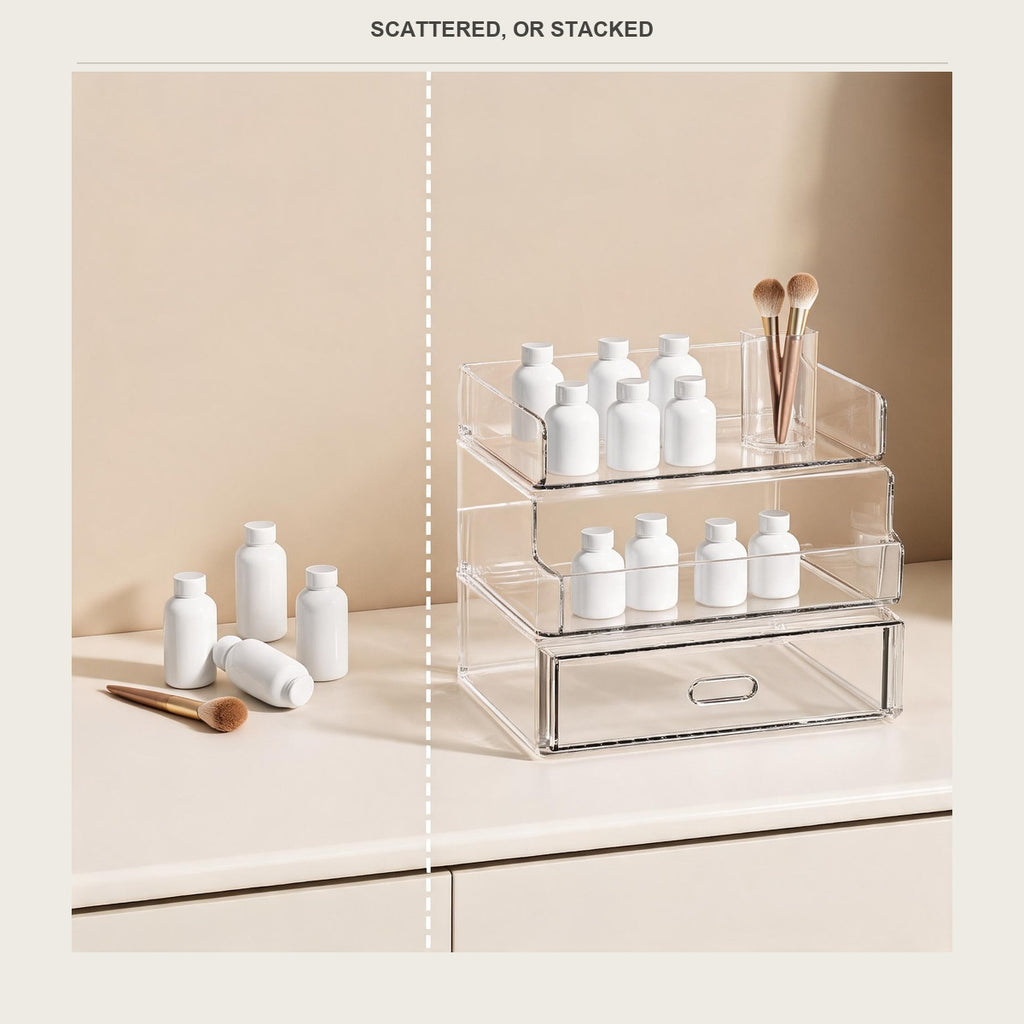 A cluttered counter beside the same items stacked into the clear acrylic 3-tier organizer