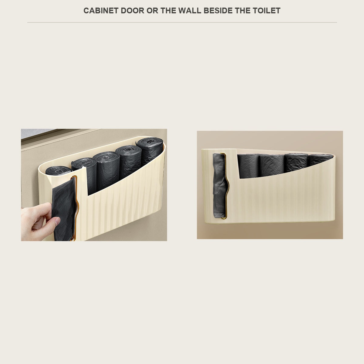 The caddy in a cabinet door and beside a toilet, two placements