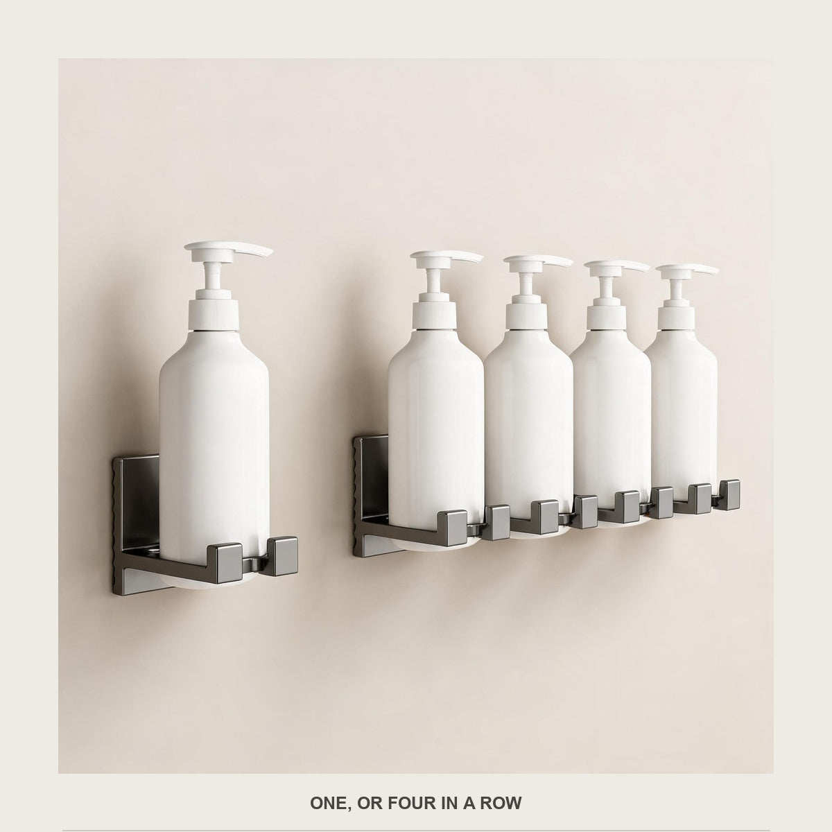 One bottle holder beside a row of four, all empty, on a plain pale background