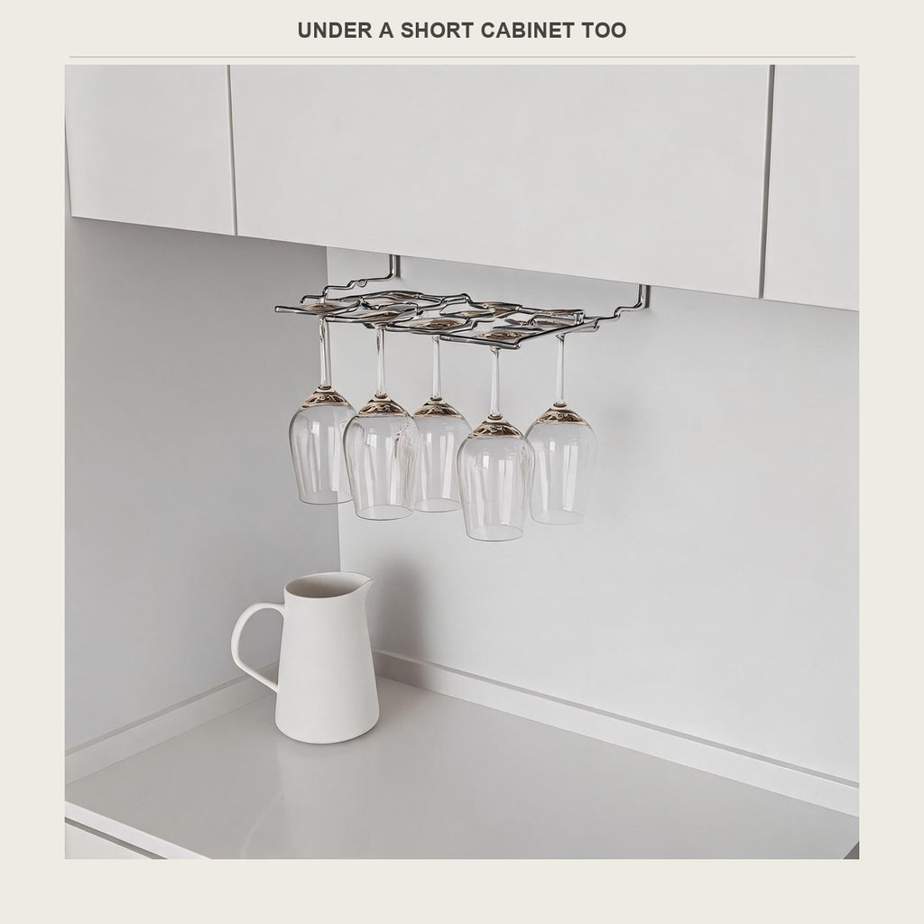 Wine glass rack under a short cabinet