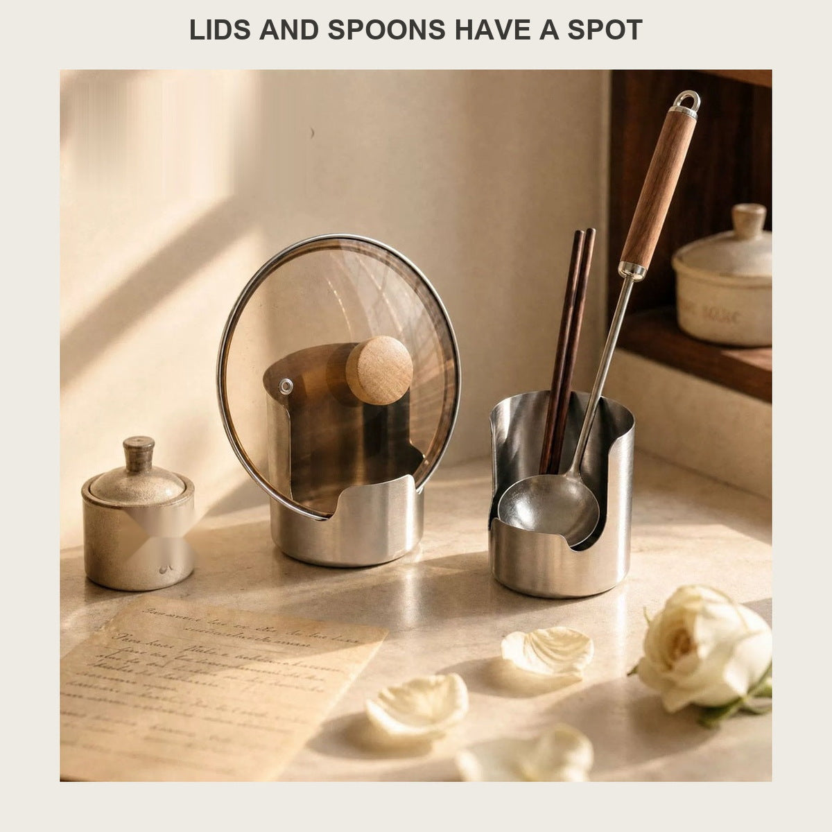 Countertop Pot Lid & Spoon Stand 304 Stainless Steel Freestanding Holder