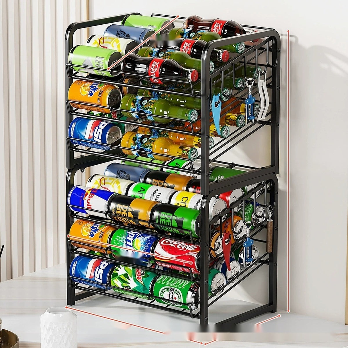Stacked can organizers with dimensions