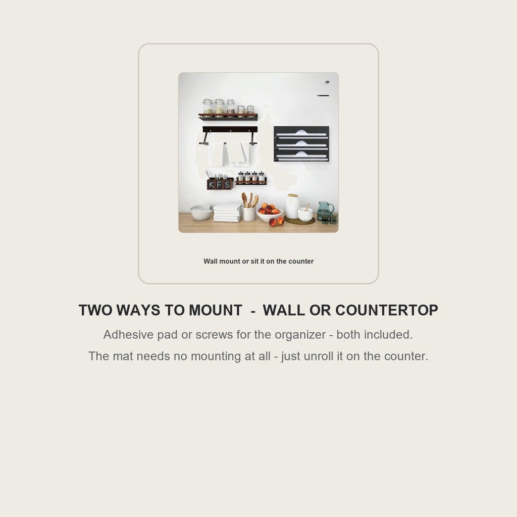 The wrap organizer mounted on a wall or standing on a countertop