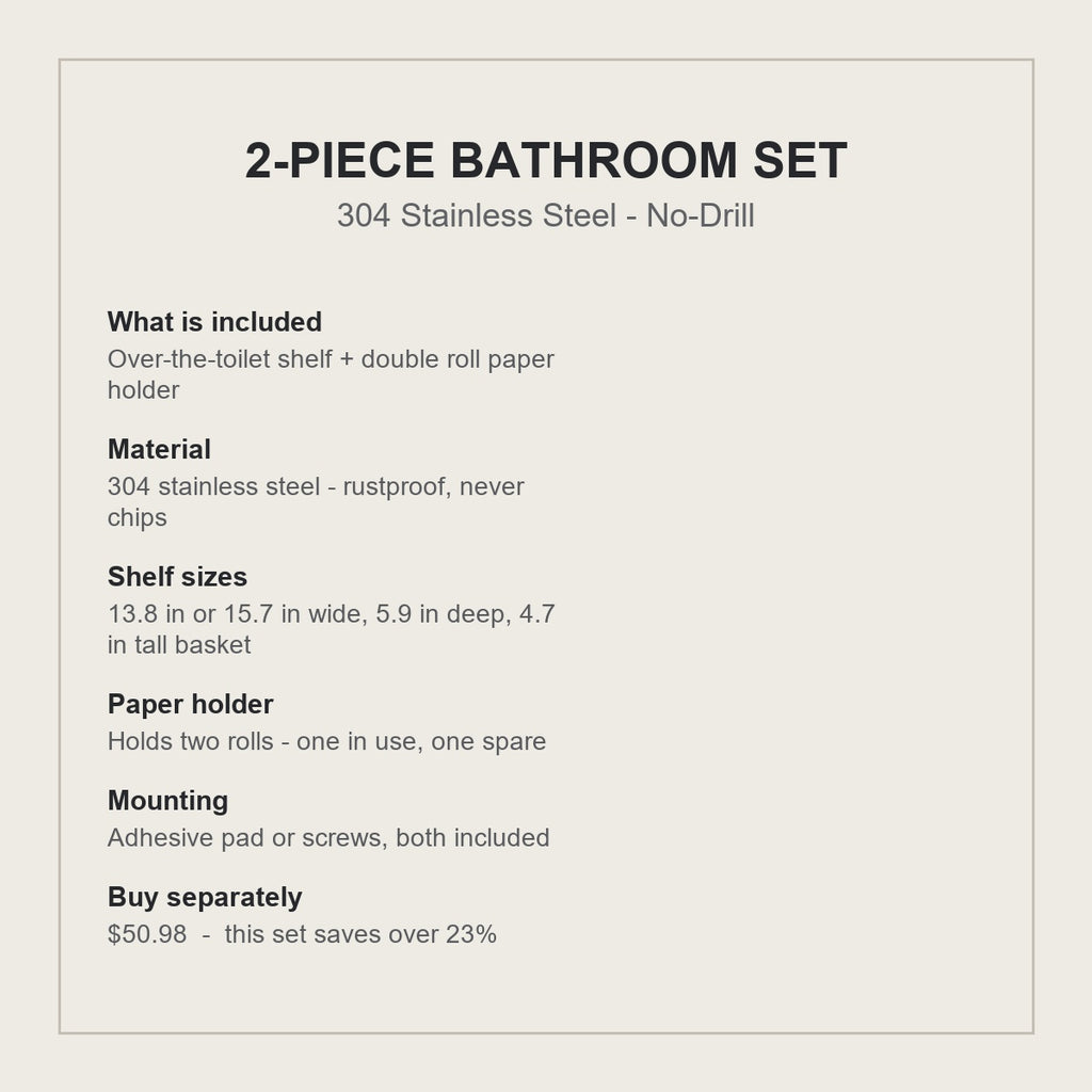 2-piece bathroom set specifications - 304 stainless steel, no drill