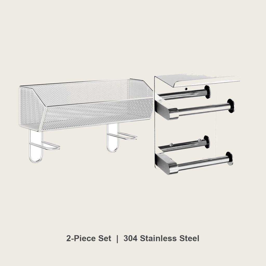 Over-the-toilet shelf and double roll paper holder set in 304 stainless steel