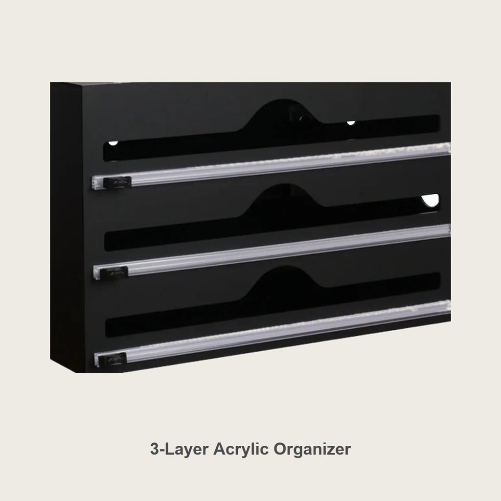 3-layer acrylic wrap and foil organizer in matte black, wall mount or countertop