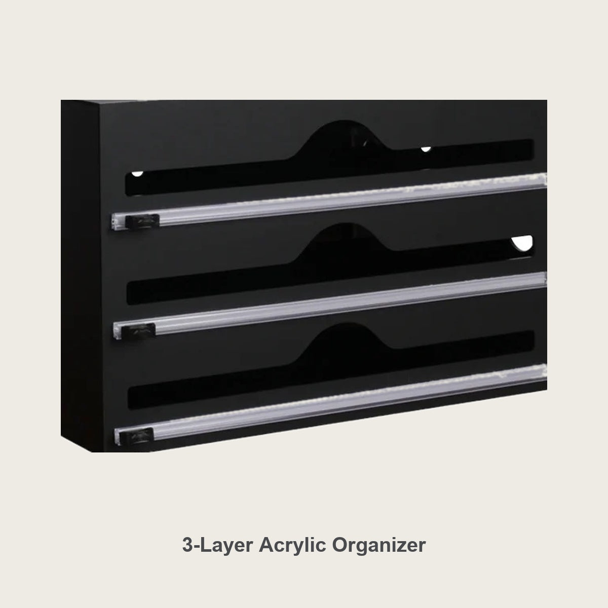 3-layer acrylic wrap and foil organizer in matte black, wall mount or countertop