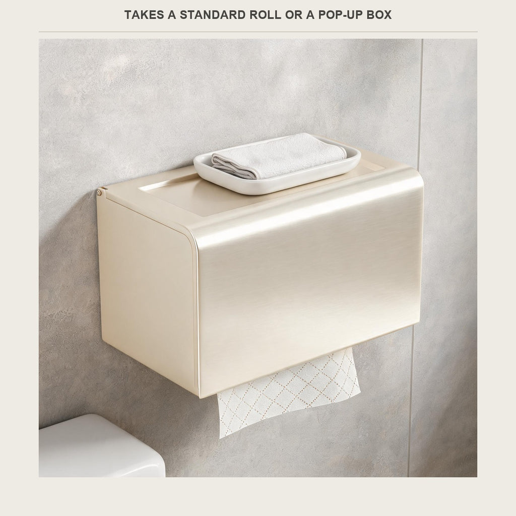 A standard roll or pop-up tissue box inside the wall mounted box