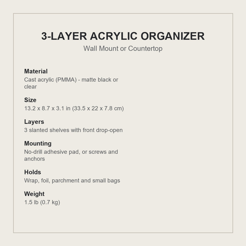 3-layer acrylic organizer specifications - size, material and mounting
