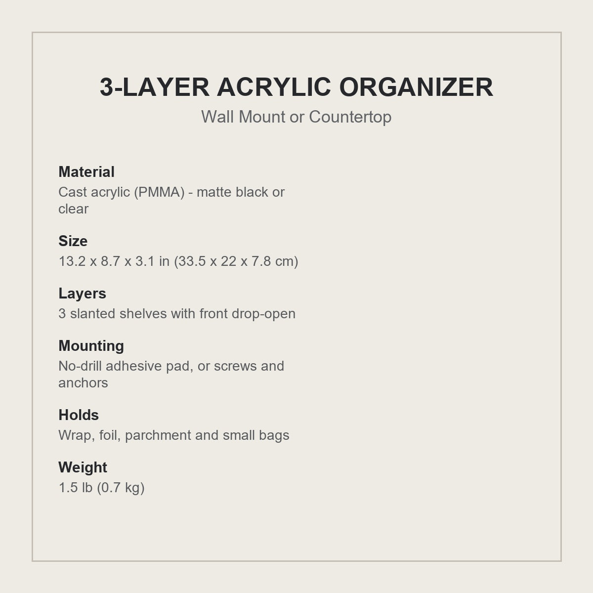 3-layer acrylic organizer specifications - size, material and mounting
