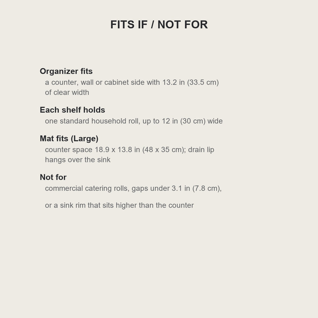 Fits and not-for guide for the wrap organizer and the large dish drying mat