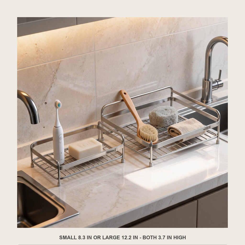 Both sizes of the 304 stainless rack in use on a kitchen counter - small 8.3 in and large 12.2 in