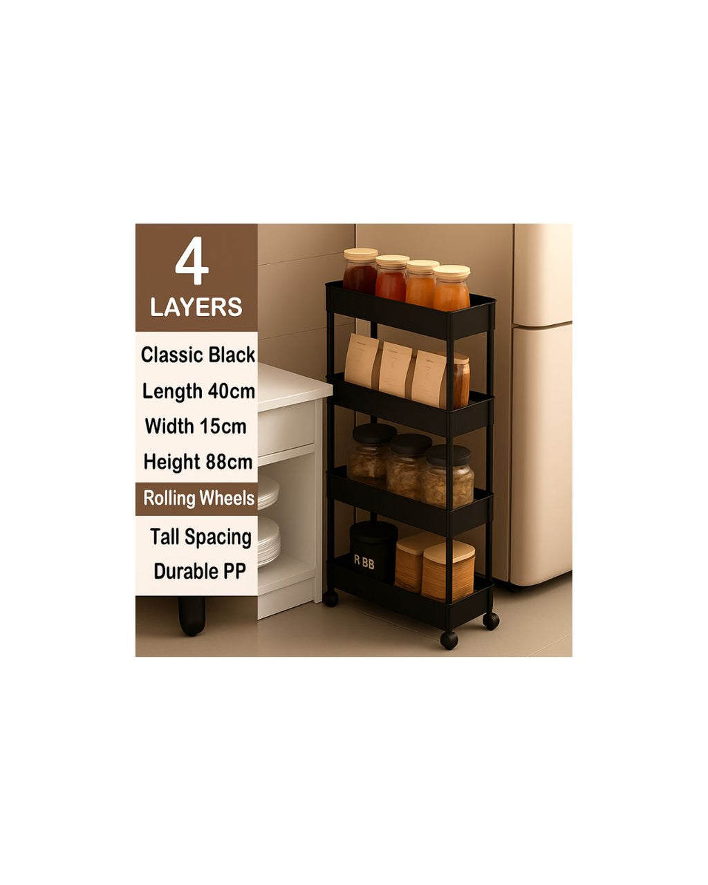 Narrow Slim Storage Cart with Wheels - 3/4/5 Tier Rolling Kitchen Organizer for Tight Spaces, Bathroom & Laundry