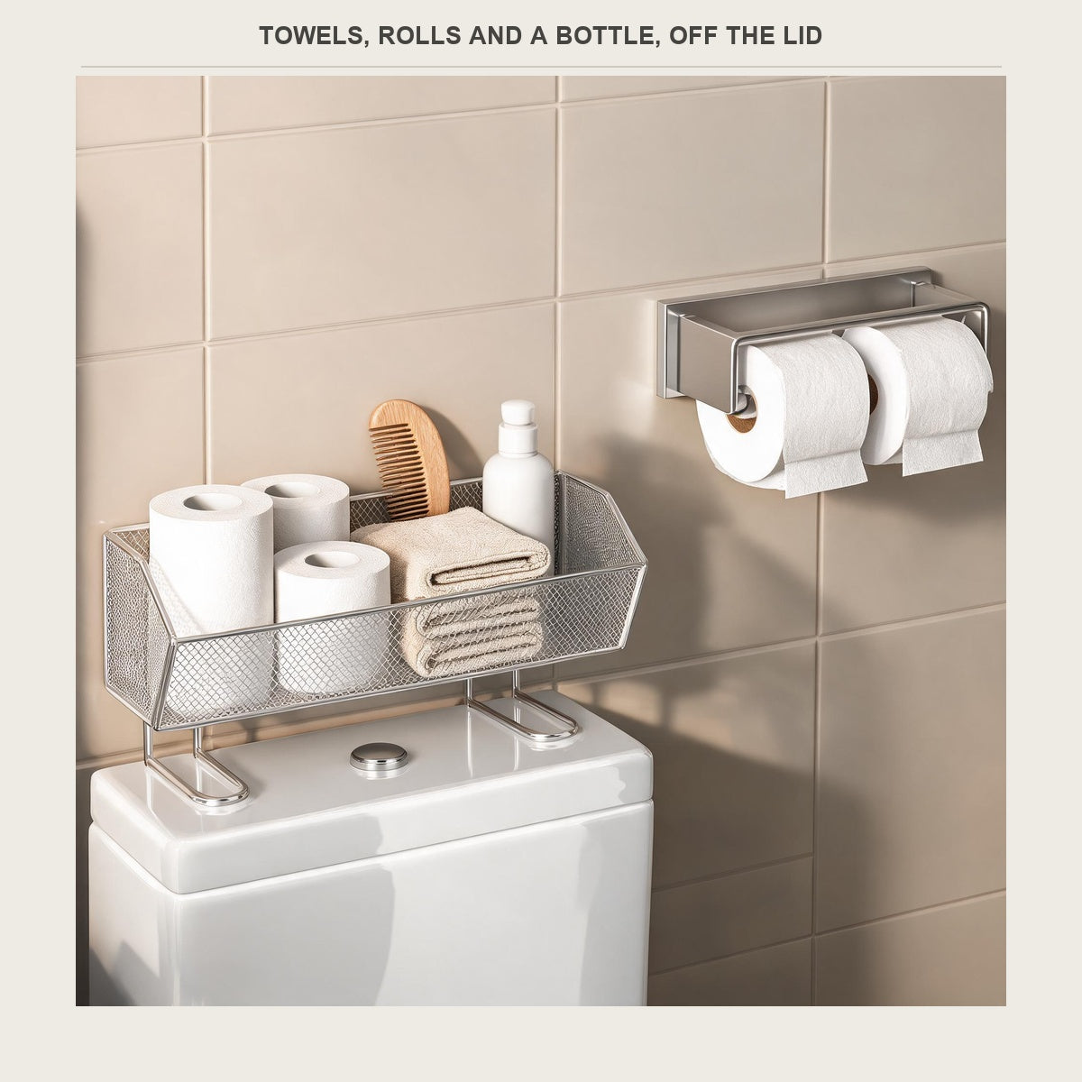 Mesh shelf holding towels, rolls and a bottle