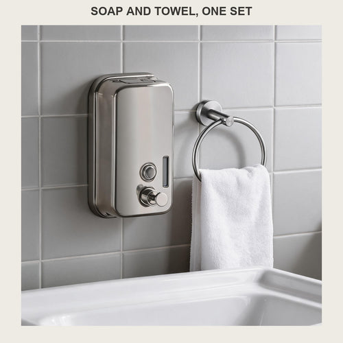 2-piece bathroom set in 304 stainless steel - soap dispenser and towel ring