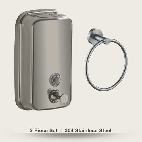 2-piece bathroom set in 304 stainless steel - soap dispenser and towel ring