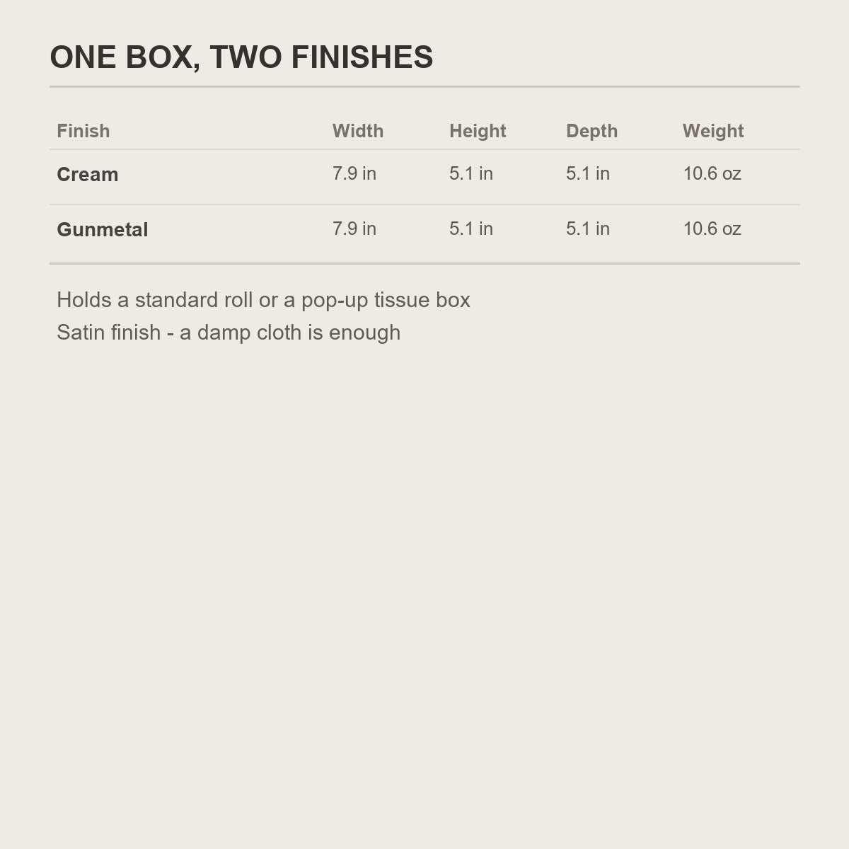 Size chart for the wall mount tissue box in cream and gunmetal