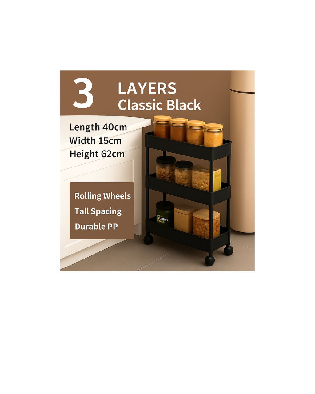 Narrow Slim Storage Cart with Wheels - 3/4/5 Tier Rolling Kitchen Organizer for Tight Spaces, Bathroom & Laundry