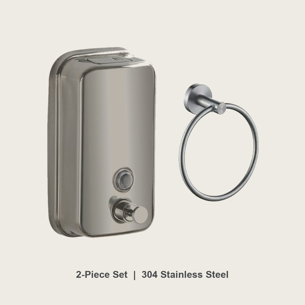 2-piece bathroom set in 304 stainless steel - soap dispenser and towel ring