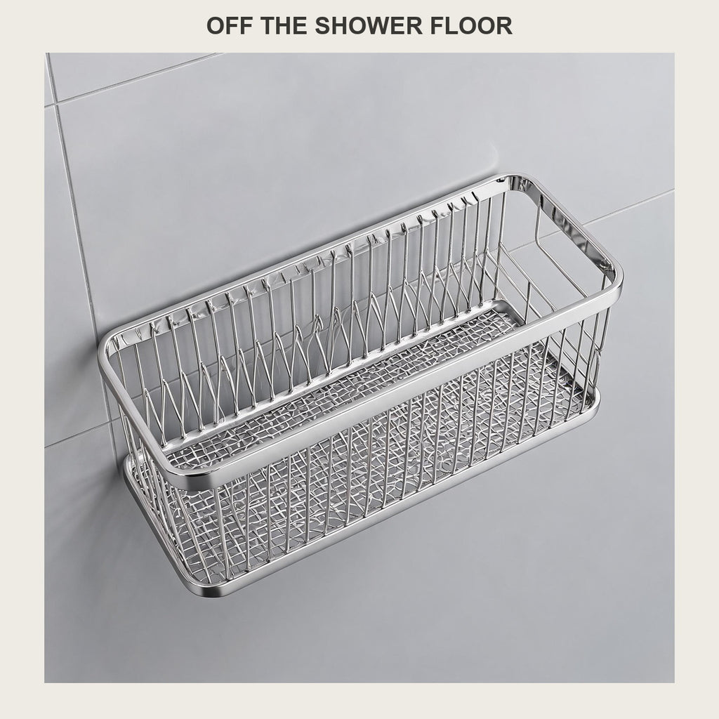 Close-up of the empty diamond wire mesh shower caddy basket seen slightly from above