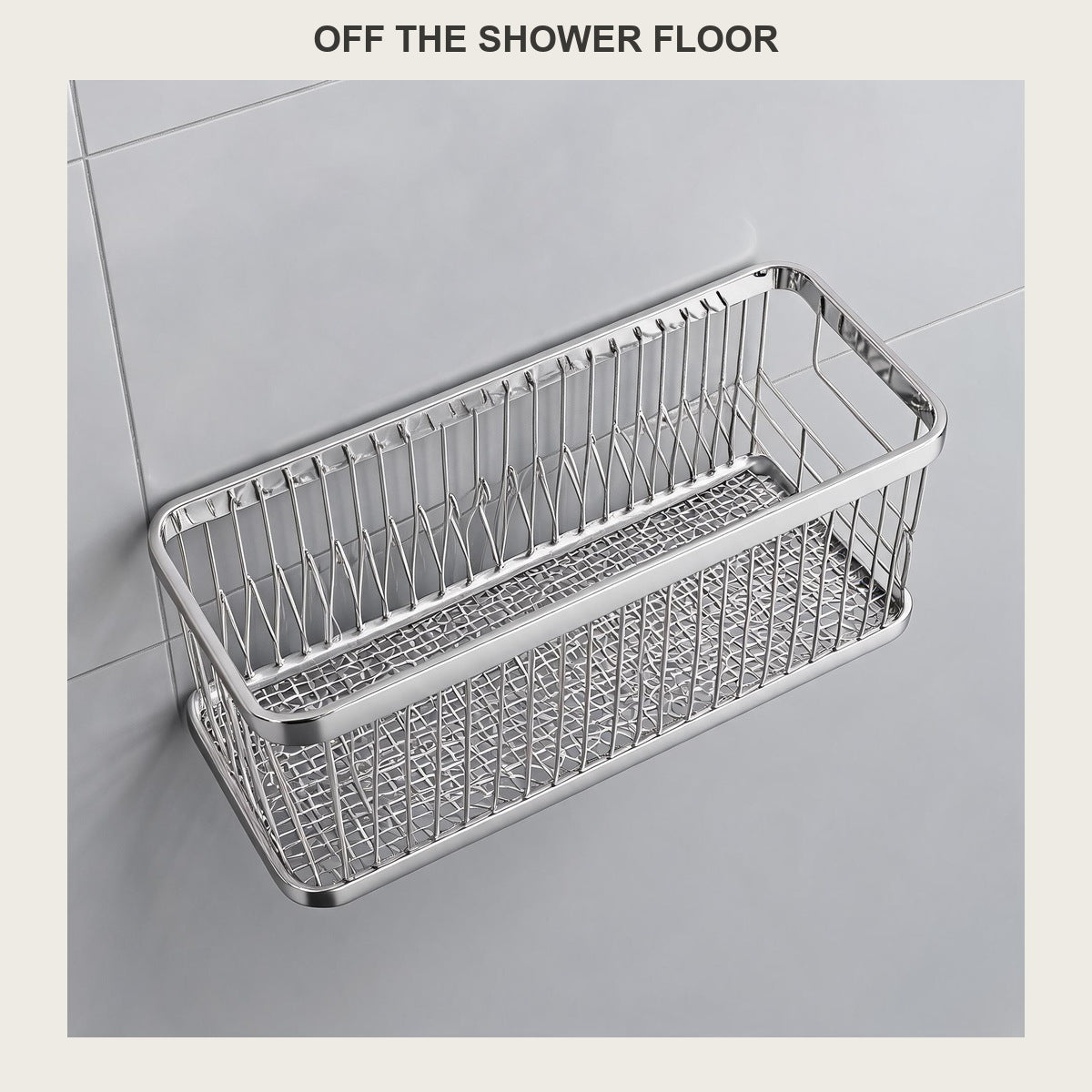 Close-up of the empty diamond wire mesh shower caddy basket seen slightly from above